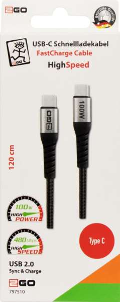 2GO HighSpeed USB-C FastCharge Cable 100W 1,2m Black