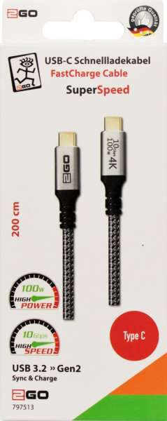 2GO SuperSpeed USB-C FastCharge Cable 100W 2m Black