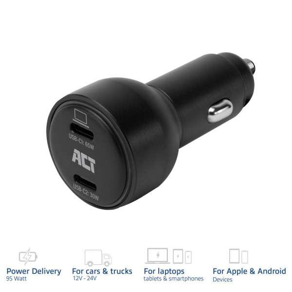 ACT 2-port USB-C Fast Car Charger 95W with PD, QC and GaNFast Black