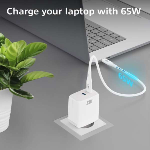 ACT AC2165 USB-C Charger 65W 2-port with Power Delivery PPS and GaNFast White
