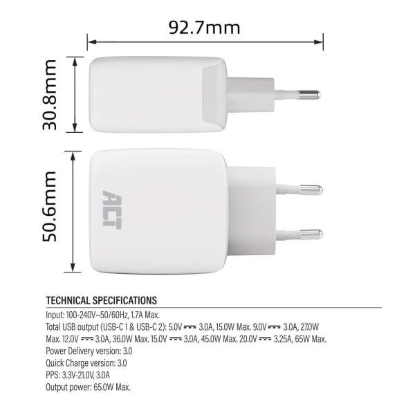 ACT AC2165 USB-C Charger 65W 2-port with Power Delivery PPS and GaNFast White