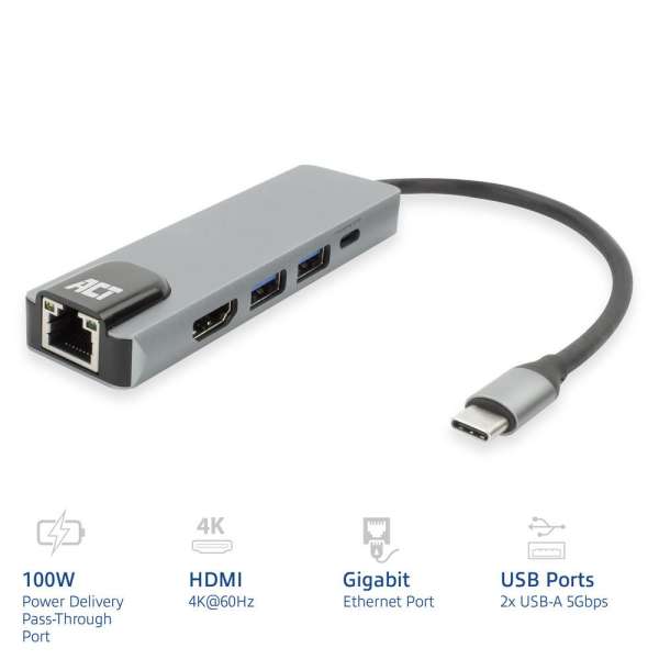 ACT AC7091 USB-C 4K docking station for 1 HDMI Adapter Silver