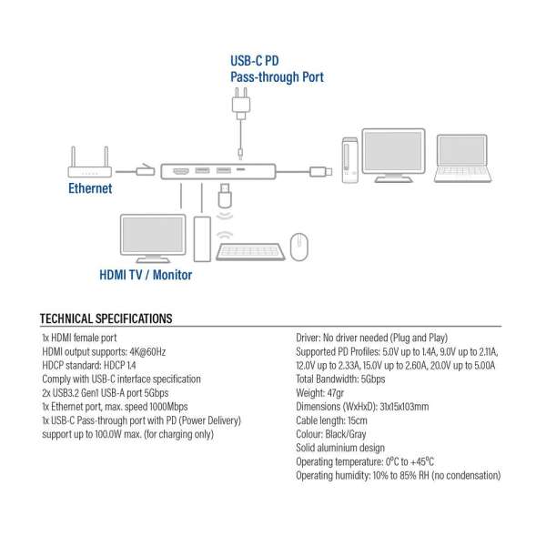 ACT AC7091 USB-C 4K docking station for 1 HDMI Adapter Silver