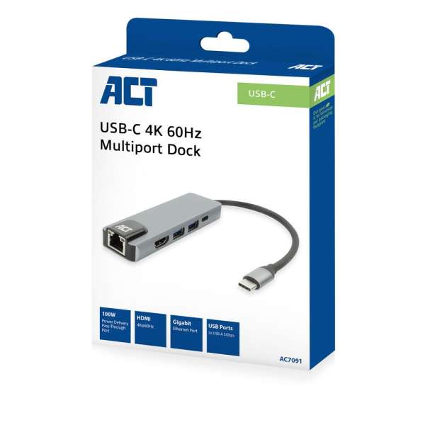 ACT AC7091 USB-C 4K docking station for 1 HDMI Adapter Silver