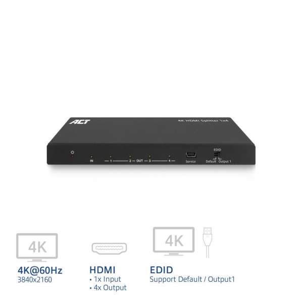 ACT AC7832 4K HDMI Splitter 1 in 4 out EDID support Black