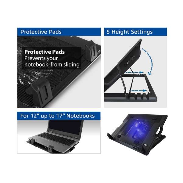 ACT AC8110 Laptop hűtőállvány 17"-ig állítható magasság (5 pozícióban) 2 portos hub