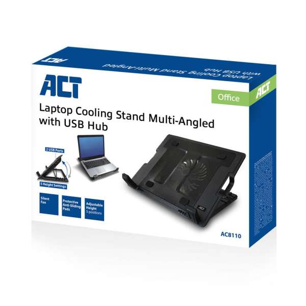 ACT AC8110 Laptop hűtőállvány 17"-ig állítható magasság (5 pozícióban) 2 portos hub