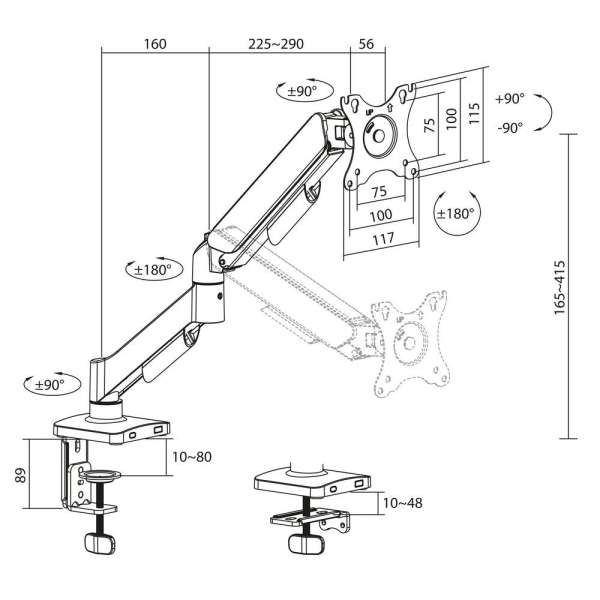 ACT AC8313 Gas Spring Single Monitor Arm 17"-35" Black
