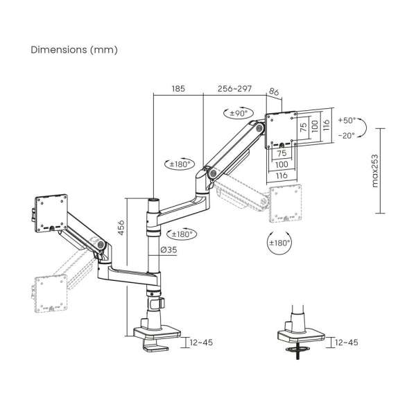 ACT AC8343 Dual Monitor Arm Office Premium with Gas Spring Pole Mounted