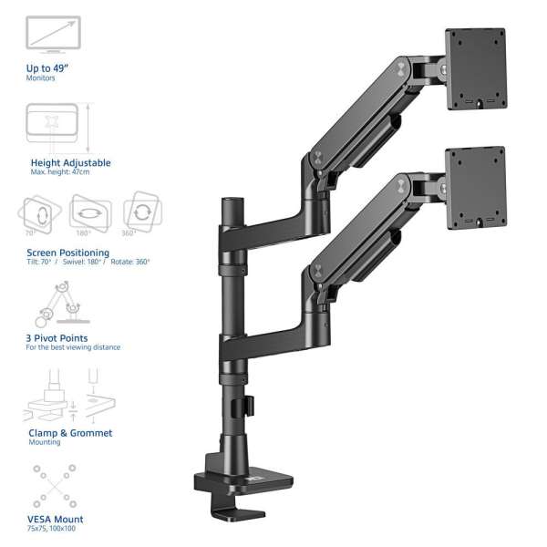 ACT AC8343 Dual Monitor Arm Office Premium with Gas Spring Pole Mounted