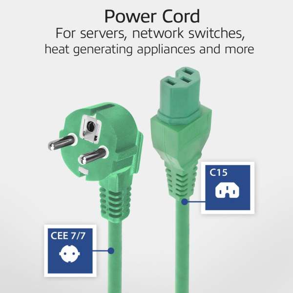 ACT Powercord mains connector Schuko CEE 7/7 male (angled) - C15 IEC 60320 1,5m Green
