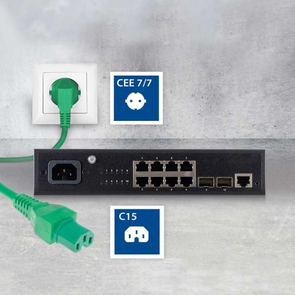 ACT Powercord mains connector Schuko CEE 7/7 male (angled) - C15 IEC 60320 1,5m Green