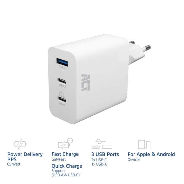 ACT ACT USB-C/USB-A Charger 65W 3-port with Power Delivery PPS, QuickCharge and GanFast