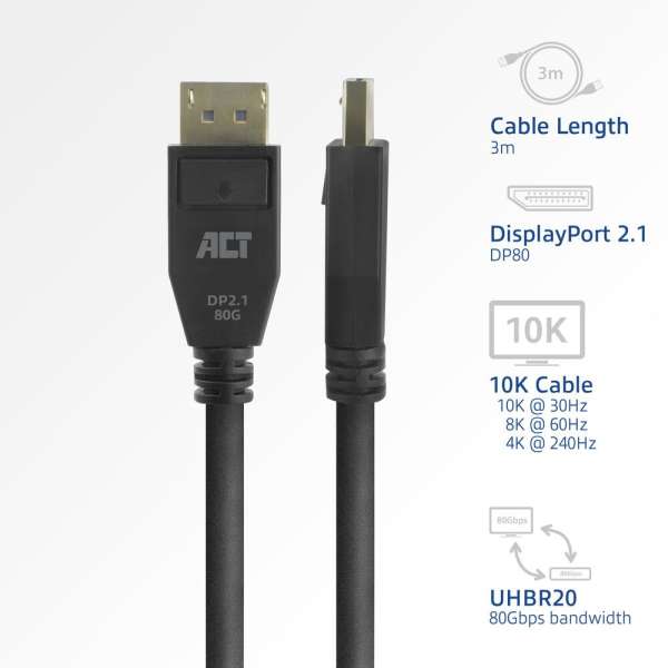 ACT DisplayPort 2.1 cable 8K male to male 3m Black