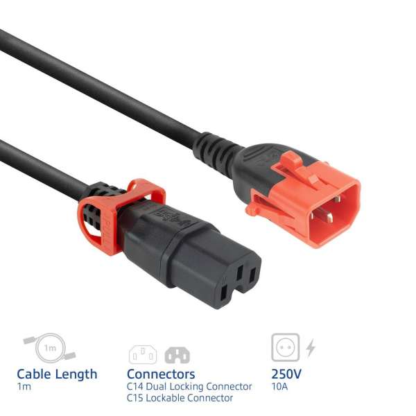 ACT PL0041 Powercord C14 IEC Lock+ Dual Locking - C15 IEC Lock+ 1m Black