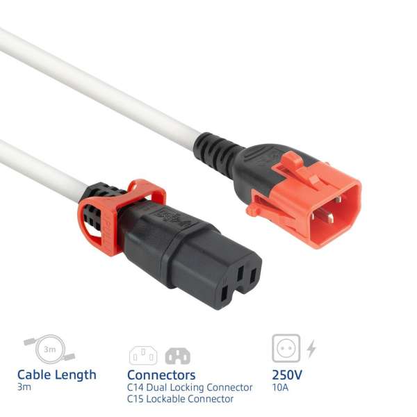 ACT PL0053 Powercord C14 IEC Lock+ Dual Locking - C15 IEC Lock+ 3m White