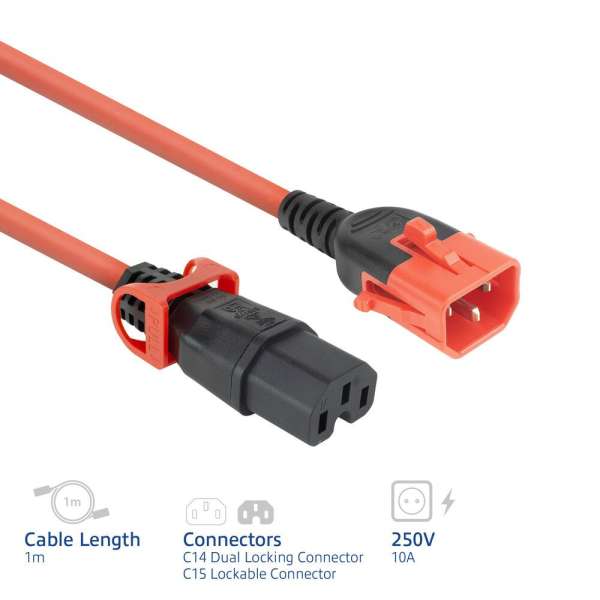 ACT PL0061 Powercord C14 IEC Lock+ Dual Locking - C15 IEC Lock+ 1m Red