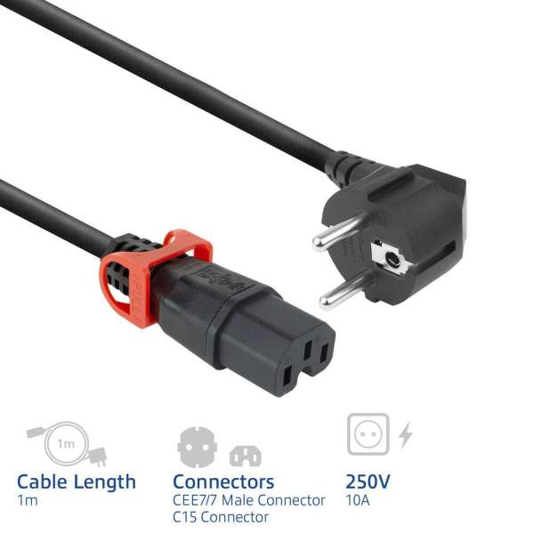 ACT PL0091 Powercord Schuko CEE 7/7 male (angled) - C15 IEC Lock+ 1m Black