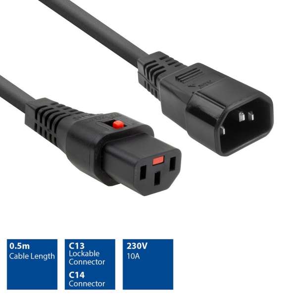 ACT Powercord C13 IEC Lock - C14 0.5m Black