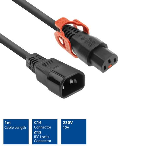 ACT Powercord C13 IEC Lock+ - C14 1m Black