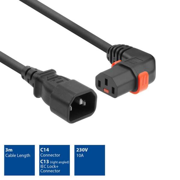 ACT Powercord C14 - C13 IEC Lock (right angled) 3m Black