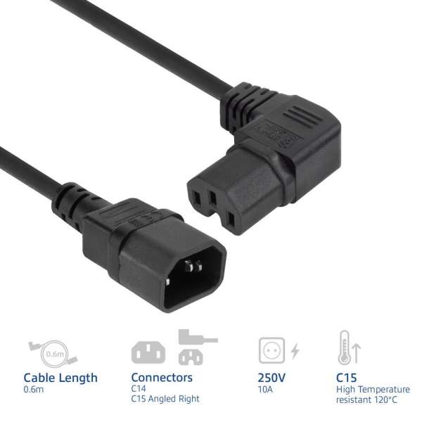 ACT Powercord C14 - C15 (angled right) 0,6m Black