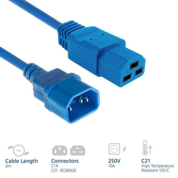 ACT Powercord C14 male- C21 famale 2,5m Blue