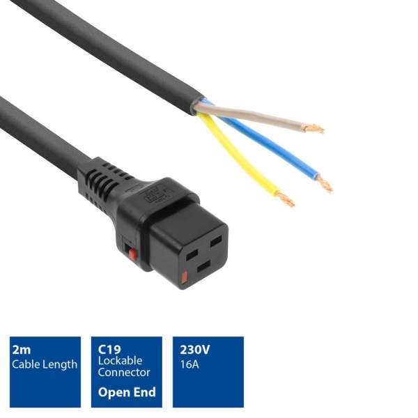 ACT Powercord C19 IEC Lock - open end 2m Black