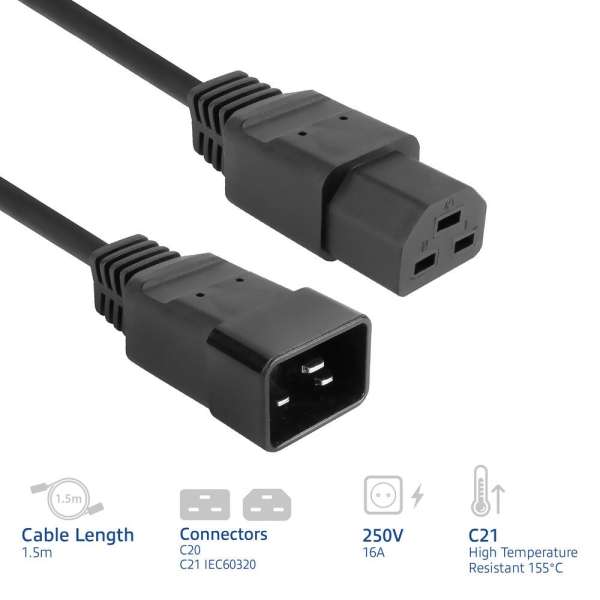 ACT Powercord C20 male - C21 famale 1,5m Black