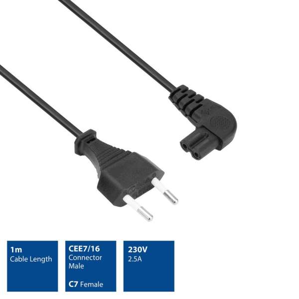 ACT Powercord Euro male - C7 female (angled left/right) 1m Black