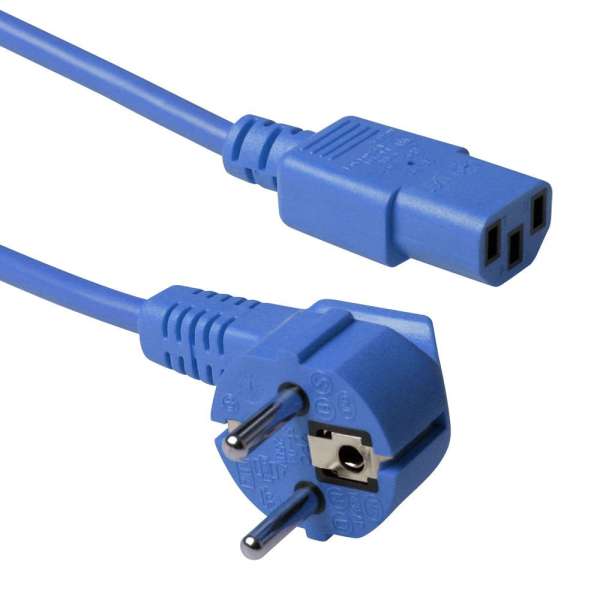 ACT Powercord mains connector Schuko CEE 7/7 male (angled) - C13 IEC 60320 0,6m Blue