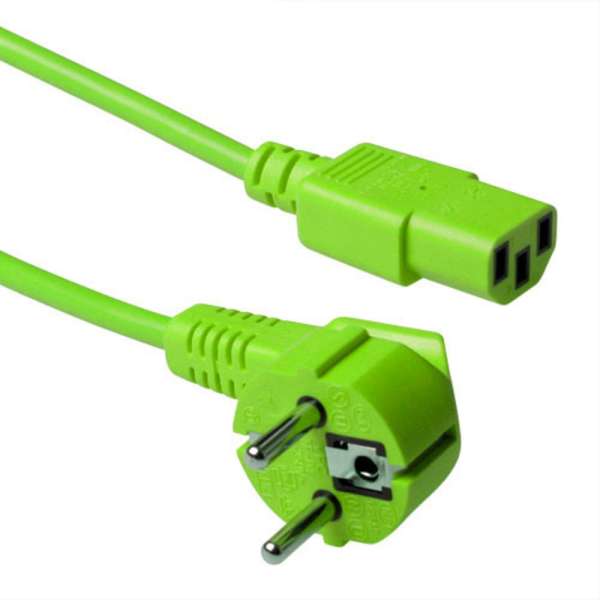 ACT Powercord mains connector Schuko CEE 7/7 male (angled) - C13 IEC 60320 5m Green
