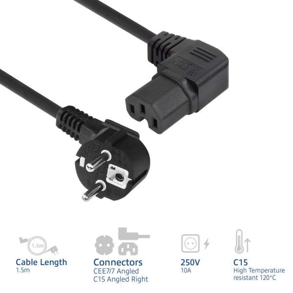 ACT Powercord mains connector Schuko CEE 7/7 male (angled) - C15 (angled right) IEC 60320 1,5m Black