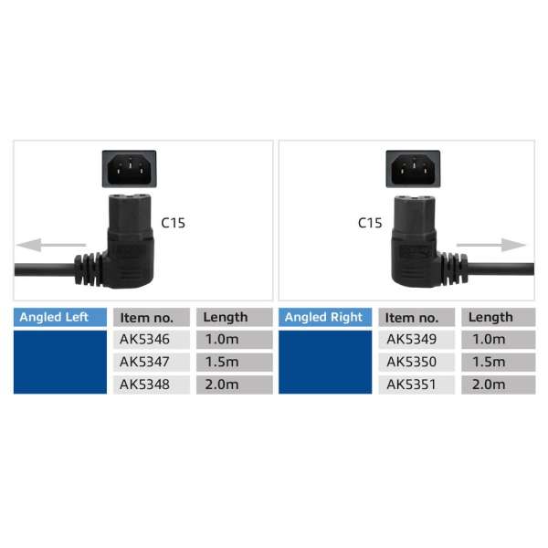 ACT Powercord mains connector Schuko CEE 7/7 male (angled) - C15 (angled right) IEC 60320 1,5m Black