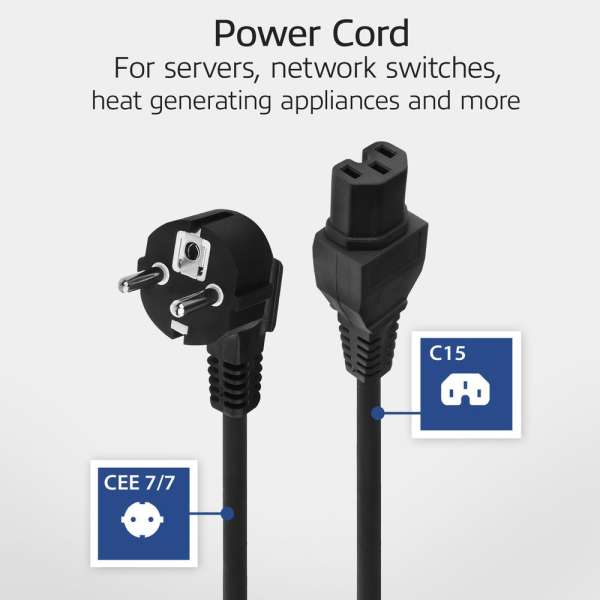 ACT Powercord mains connector Schuko CEE 7/7 male (angled) - C15 IEC 60320 1,5m Black