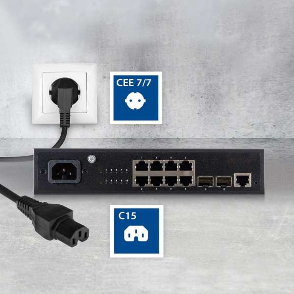 ACT Powercord mains connector Schuko CEE 7/7 male (angled) - C15 IEC 60320 1,5m Black