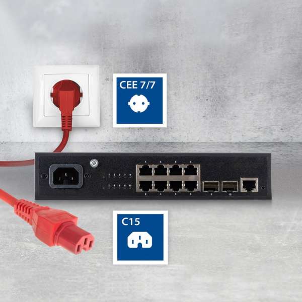 ACT Powercord mains connector Schuko CEE 7/7 male (angled) - C15 IEC 60320 1,5m Red