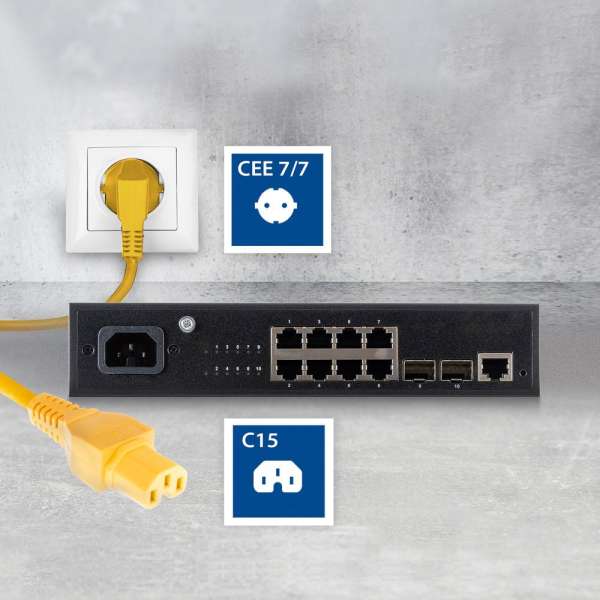 ACT Powercord mains connector Schuko CEE 7/7 male (angled) - C15 IEC 60320 1,5m Yellow