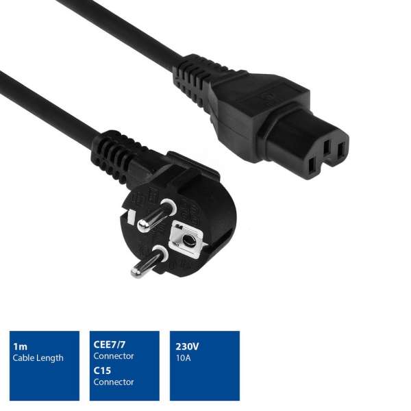 ACT Powercord mains connector Schuko CEE 7/7 male (angled) - C15 IEC 60320 1m Black