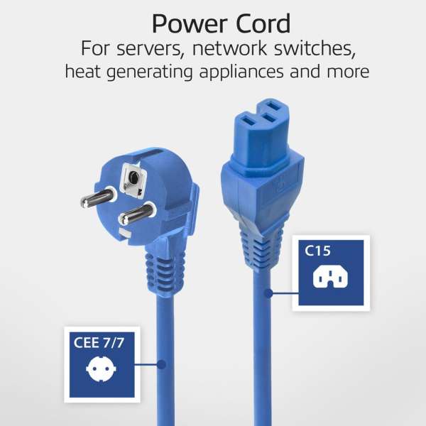 ACT Powercord mains connector Schuko CEE 7/7 male (angled) - C15 IEC 60320 1m Blue