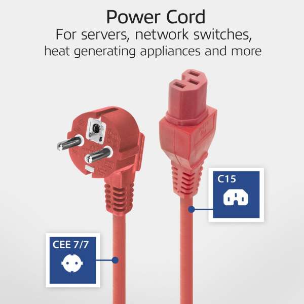 ACT Powercord mains connector Schuko CEE 7/7 male (angled) - C15 IEC 60320 1m Red