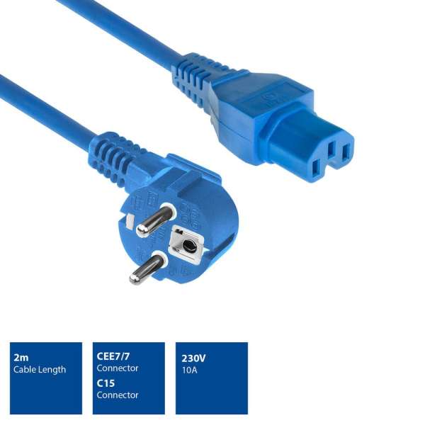 ACT Powercord mains connector Schuko CEE 7/7 male (angled) - C15 IEC 60320 2 m Blue