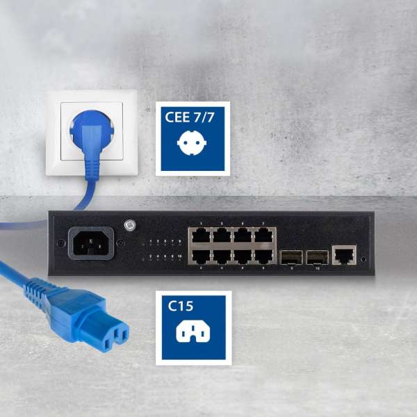 ACT Powercord mains connector Schuko CEE 7/7 male (angled) - C15 IEC 60320 2 m Blue