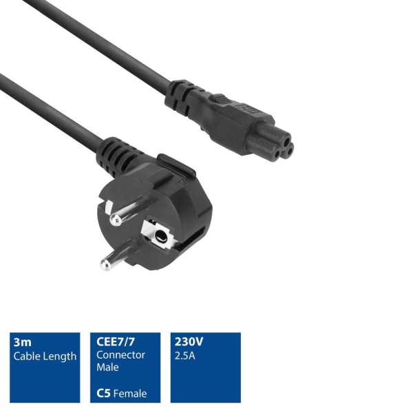 ACT Powercord mains connector Schuko CEE 7/7 male (angled) - C5 IEC 3m Black