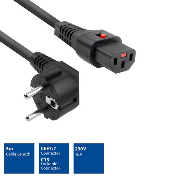 ACT Powercord Schuko CEE 7/7 male (angled) - C13 IEC Lock 5m Black