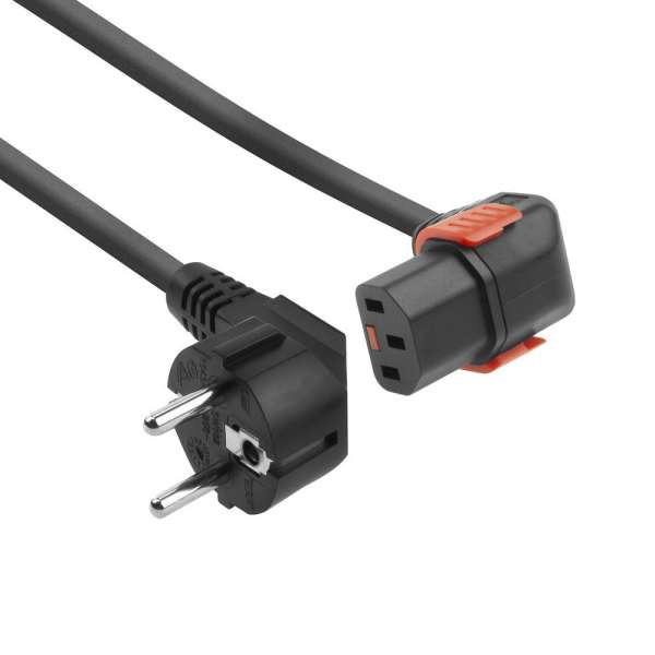 ACT Powercord Schuko CEE 7/7 male (angled) - C13 IEC Lock (down angled) 2m Black