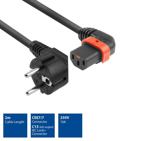 ACT Powercord Schuko CEE 7/7 male (angled) - C13 IEC Lock (left angled) 2m Black
