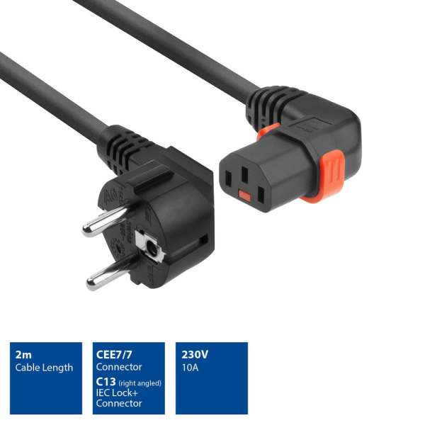 ACT Powercord Schuko CEE 7/7 male (angled) - C13 IEC Lock (right angled) 2m Black