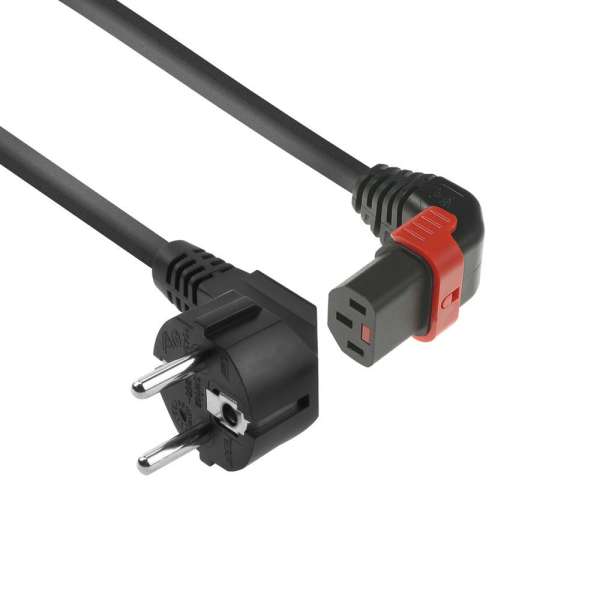 ACT Powercord Schuko CEE 7/7 male (angled) - C13 IEC Lock (up angled) 2m Black