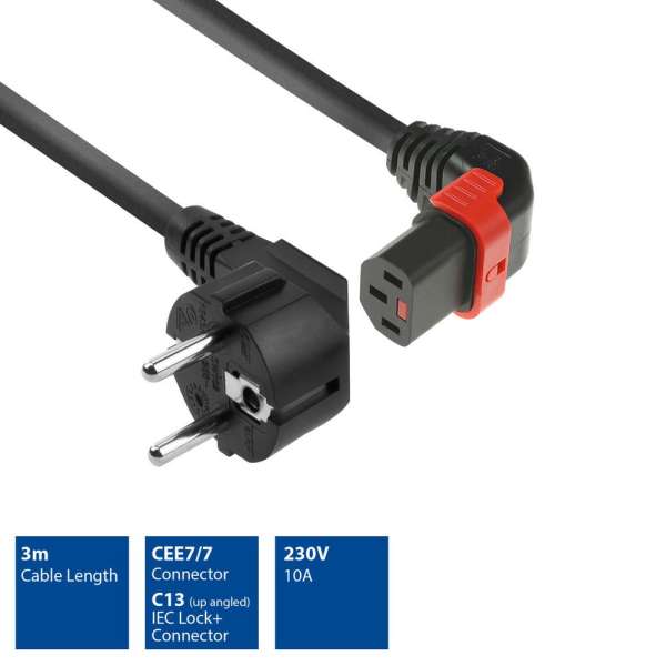 ACT Powercord Schuko CEE 7/7 male (angled) - C13 IEC Lock (up angled) 3m Black